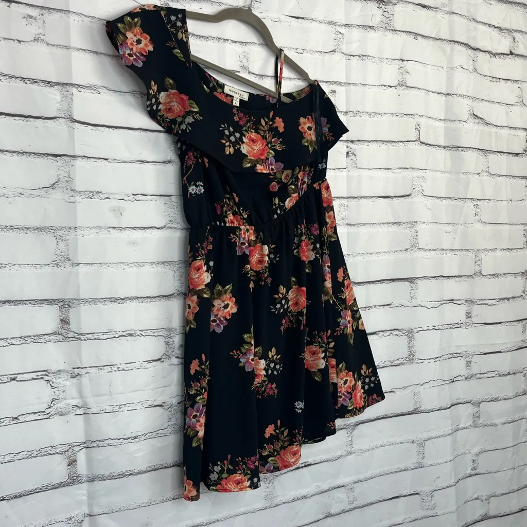 Monteau Black Floral Fit & Flare Mini Dress Women’s Large Short Sleeve Orange - Image 2