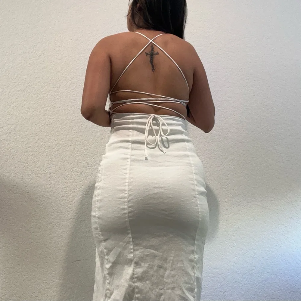 Zara White Ruched Spaghetti Strap Bodycon Dress - Image 4