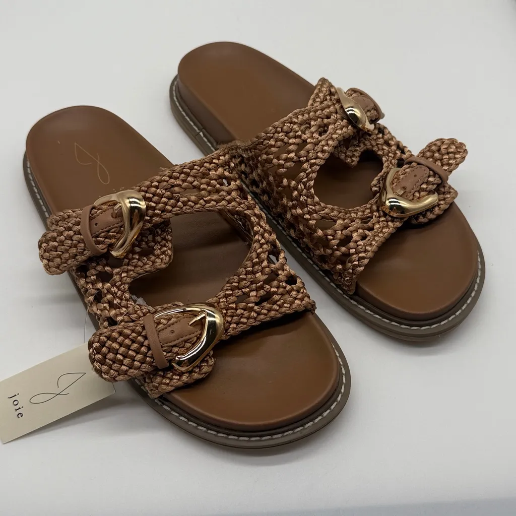 Joie Weaver Slide Sandals Woven Braided Tan Bronze Gold Hardware Size 8.5 Summer - Image 2