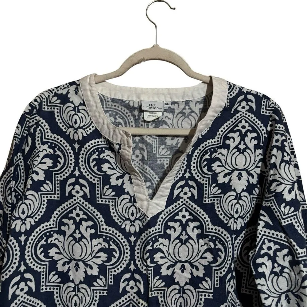 Hot Cotton Tunic Top Womens XL Multicolor Boho Artsy Print Linen Blend Blouse - Image 2