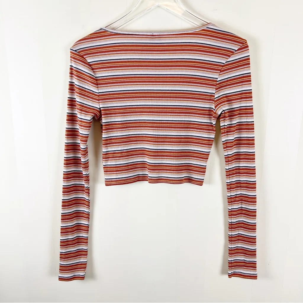 BDG Urban Outfitters Stripe Cropped Cardigan Large Orange Long Sleeve Button Front - Image 3