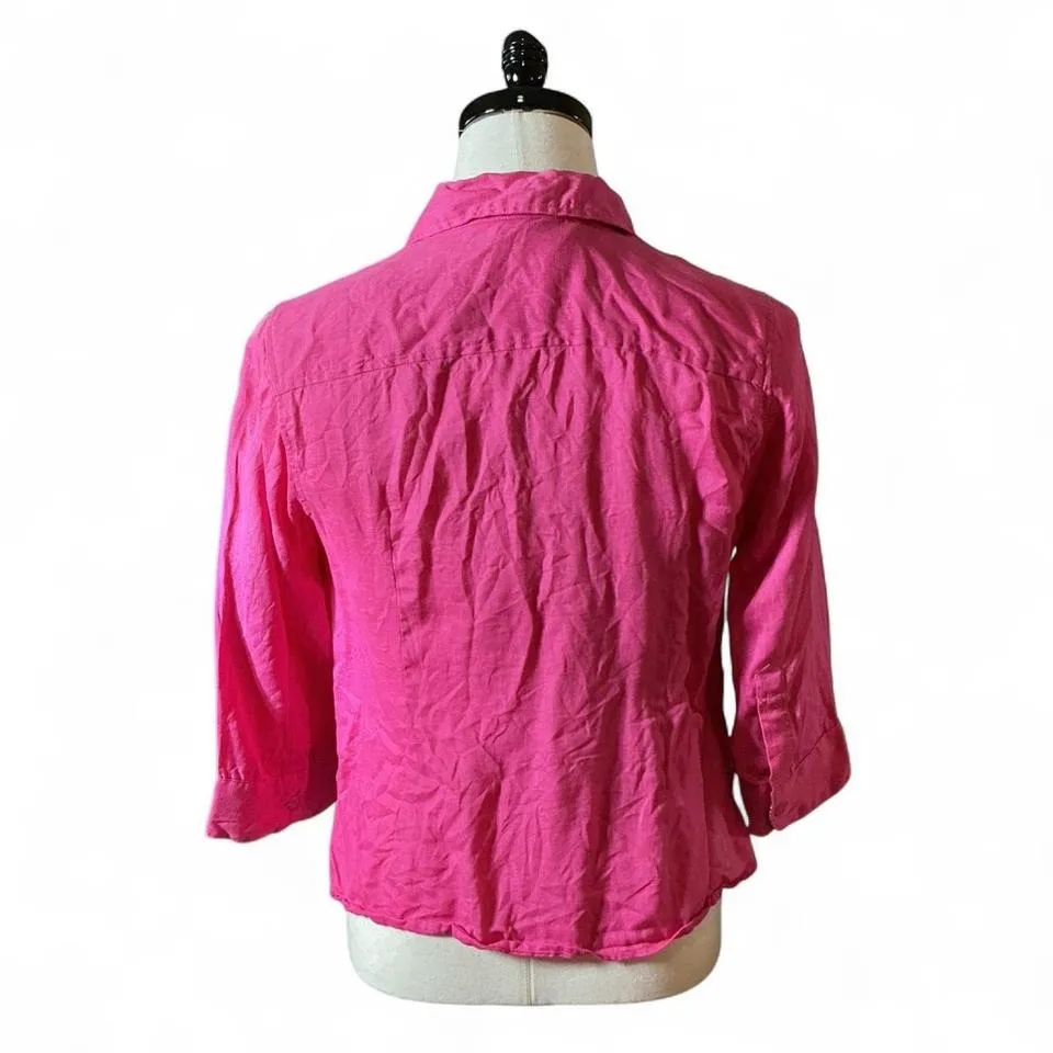 Lily Stanhope Pink Linen Button Up Shirt 3/4 Sleeve Collared Top Women's Costal Size L - Image 2