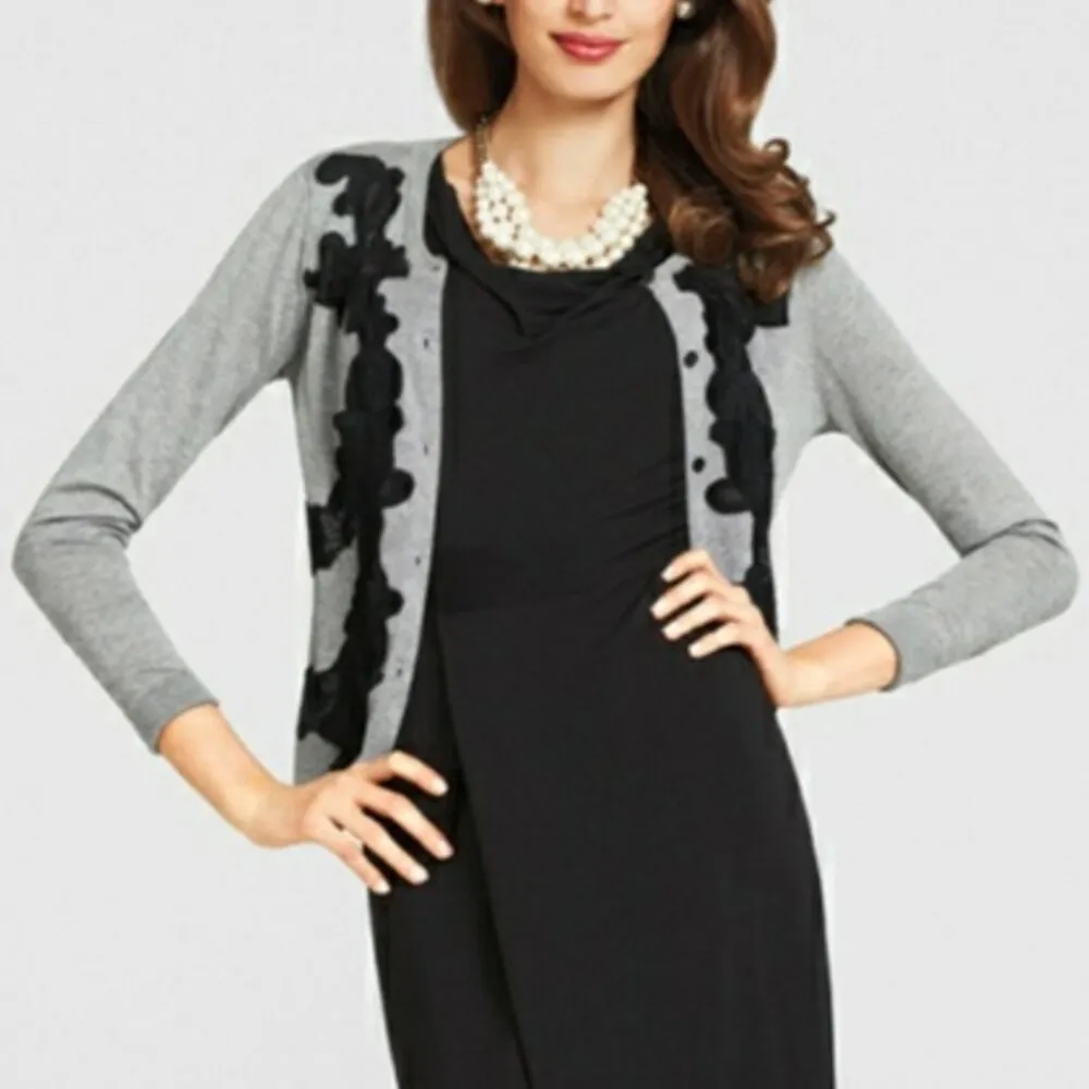 CABI Applique Cardigan 100 Gray Black Crochet Lace Preppy 100% Cotton Sweater S - Image 3