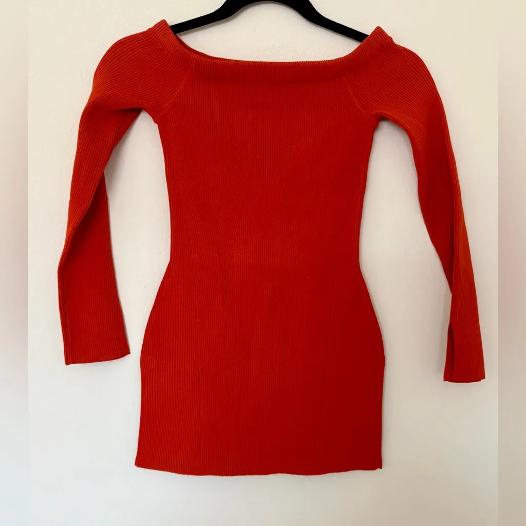 Veronica Beard Derick Off the Shoulder Ribbed Knit Top Deep Orange Side Split - Image 3