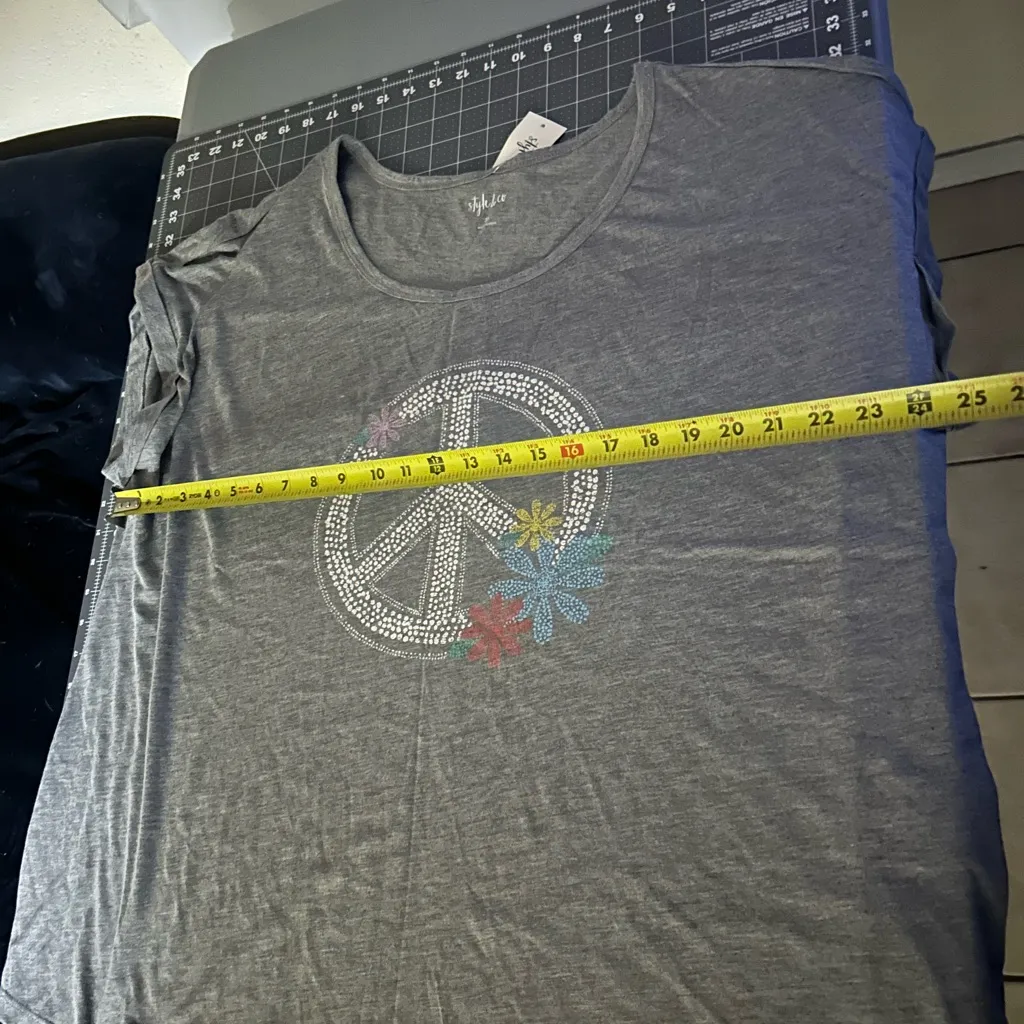 Style & Co. Gray Tee with Peace Sign and Floral Design - Image 6
