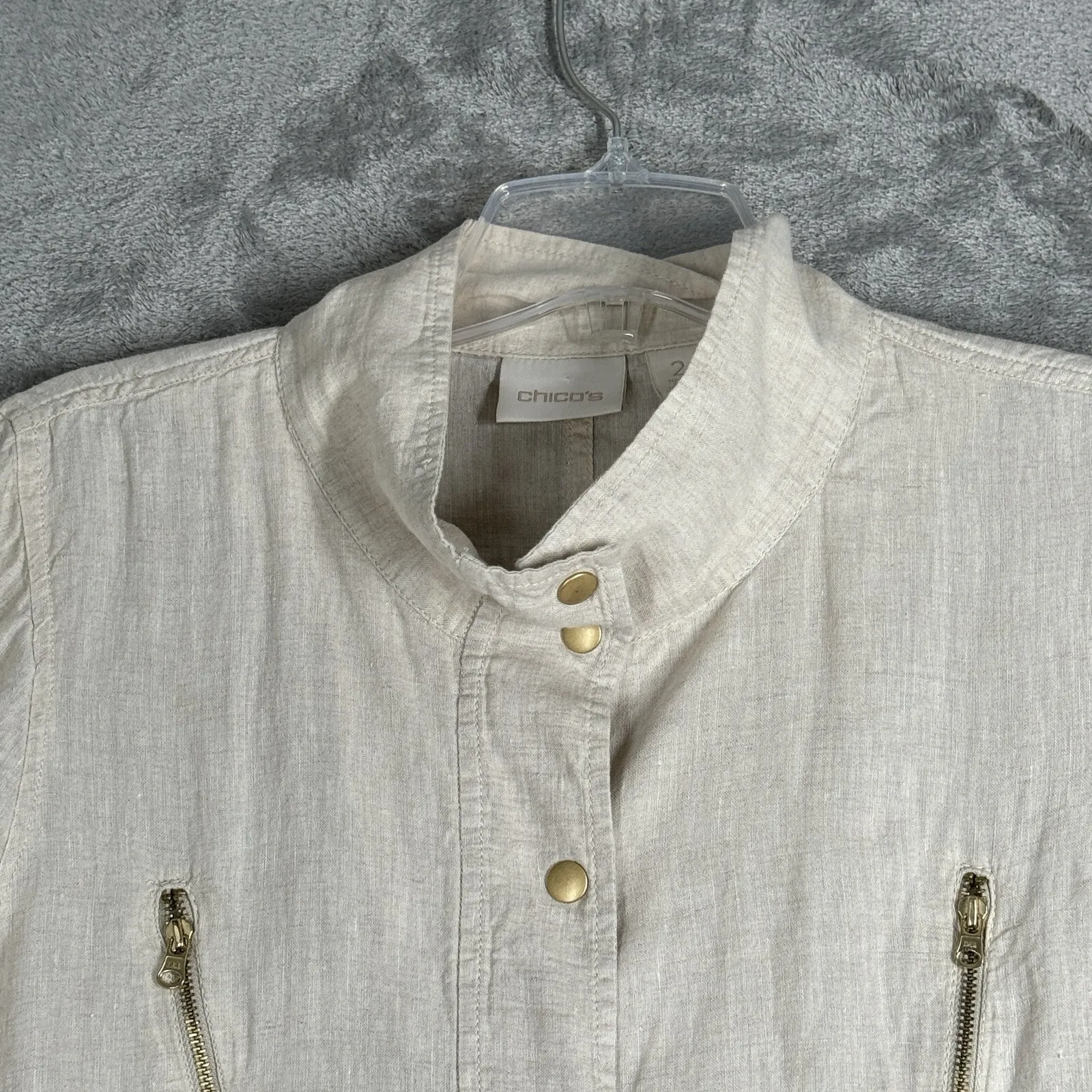 Chicos Jacket Womens Large 2 Cream Linen Utility Jacket Cream Coastal‎ Grandma - Image 4