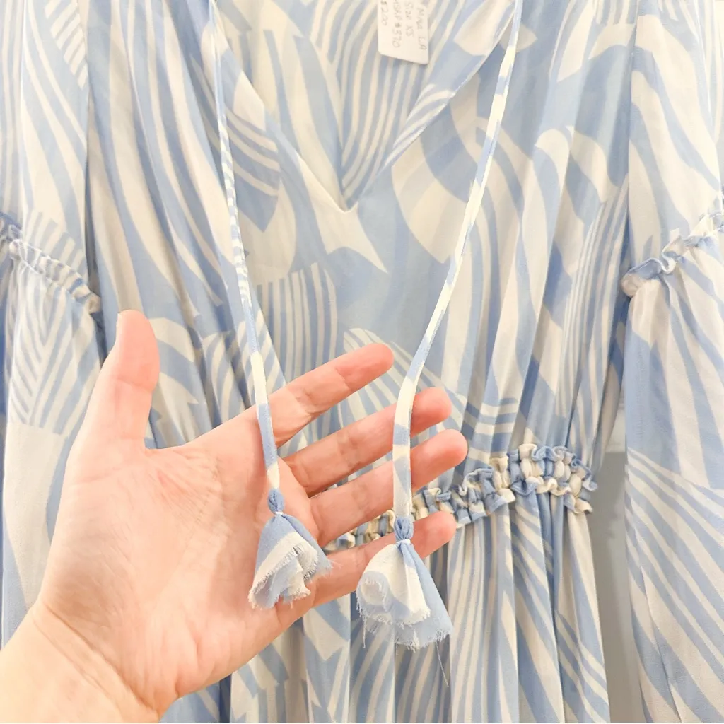 NEW MISA Los Angeles Amata Swirl Print Maxi Dress Blue White Tassels Sz XS - Image 9