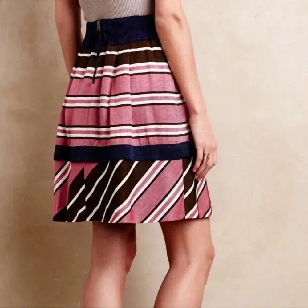 Anthropologie Maeve Ellery Striped Tiered Mini Skirt Pleated Pink Navy Size 6 - Image 2