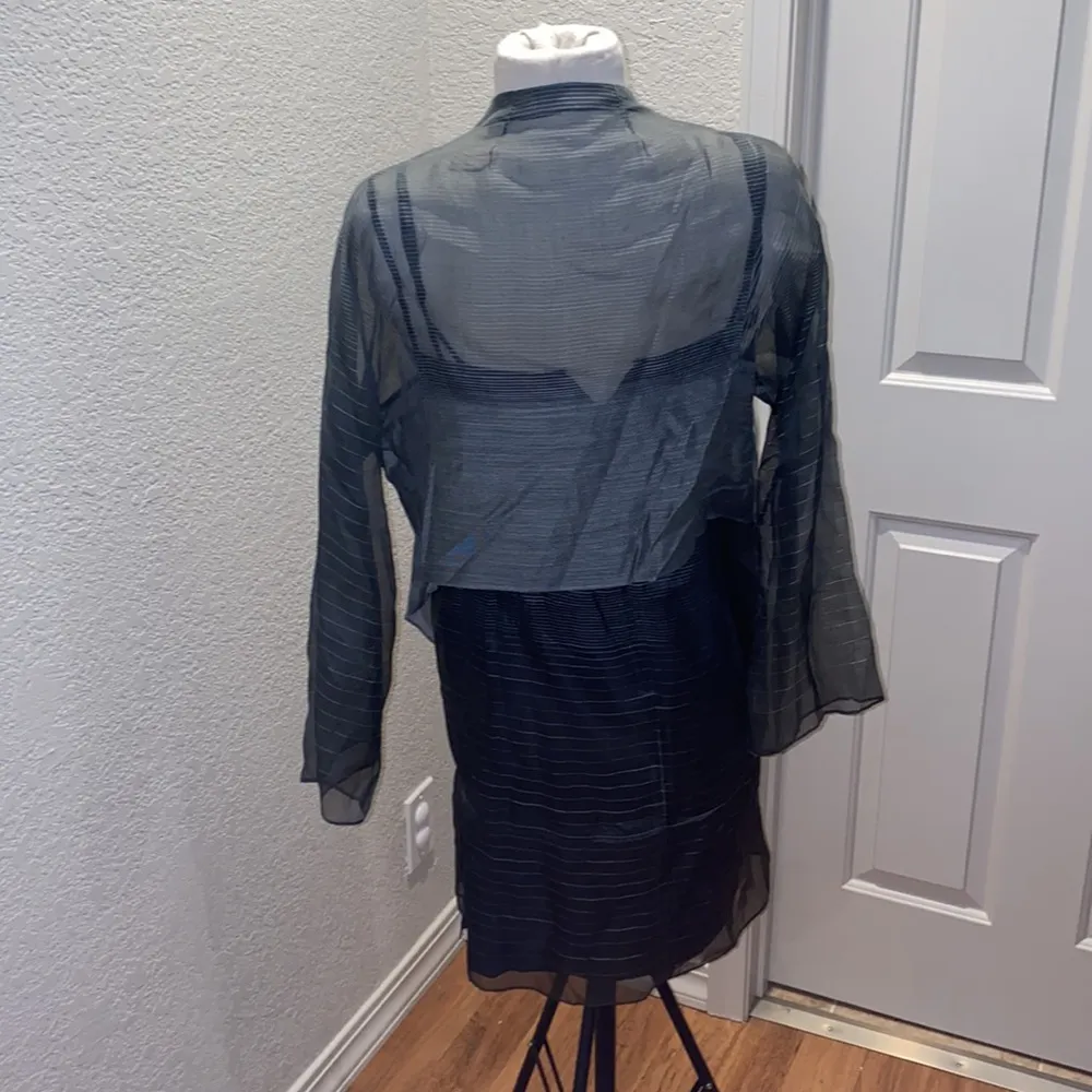 Worth Petite Sleeveless Gray Silk Midi Dress w/Thin Stripes & Taffeta Jacket Set Size 6P - Image 4