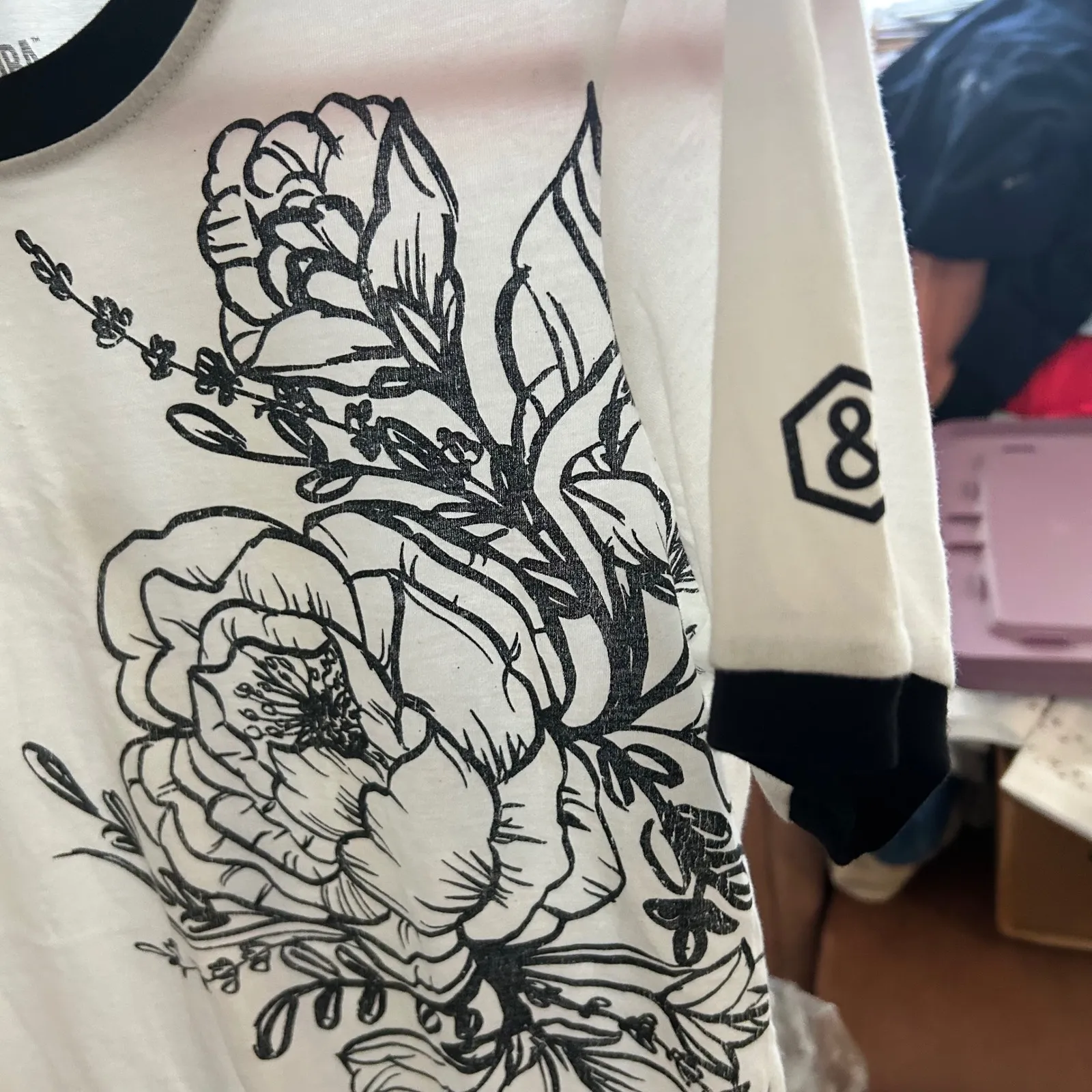 Agnes and Dora Floral‎ Graphic Ringer Tee T-Shirt, Black and Beige - Image 3