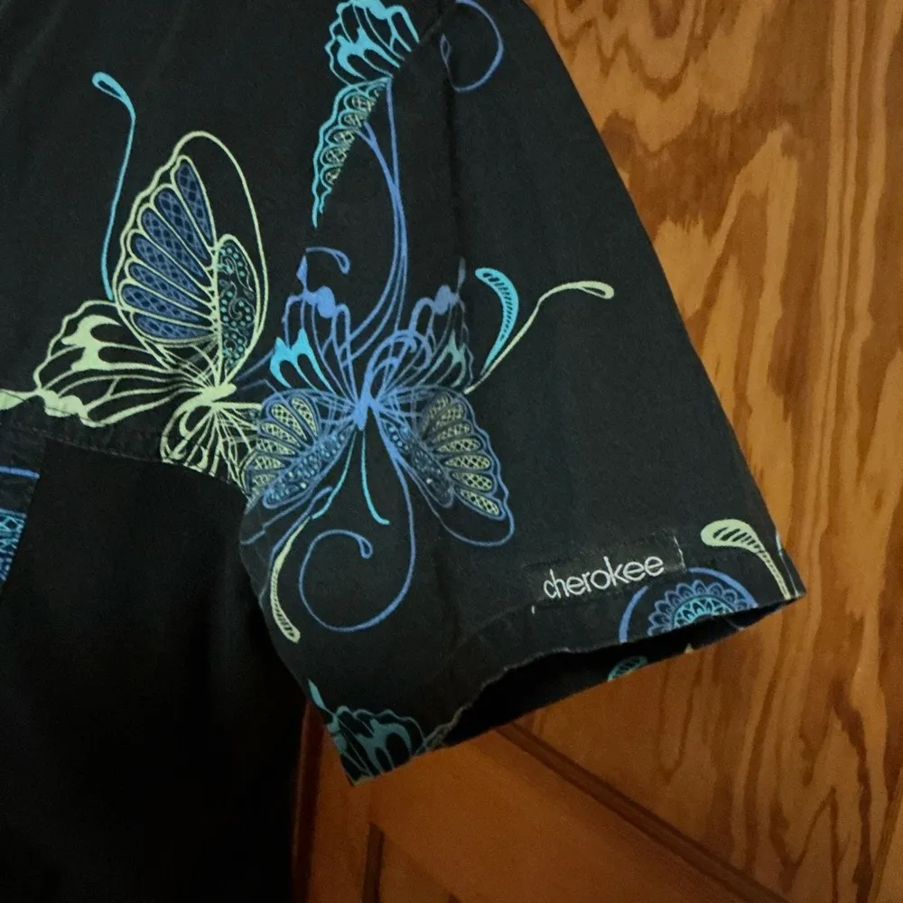 Vintage 90s Cherokee Butterflies V neck top Blue - Image 3