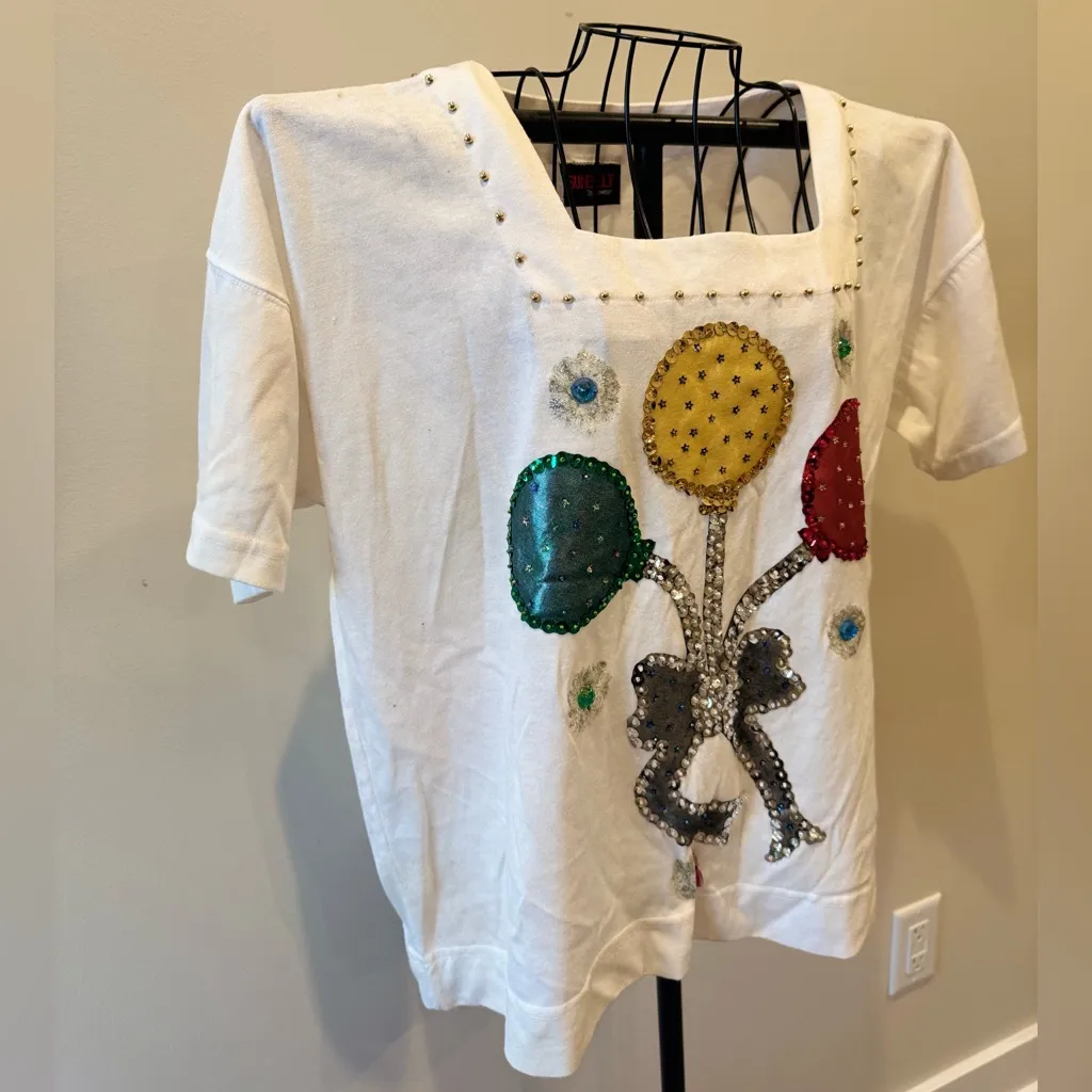 Square Neck Short Sleeve Embellished Sequin Gem Stone Tshirt White Woman’s Top L Size L - Image 2