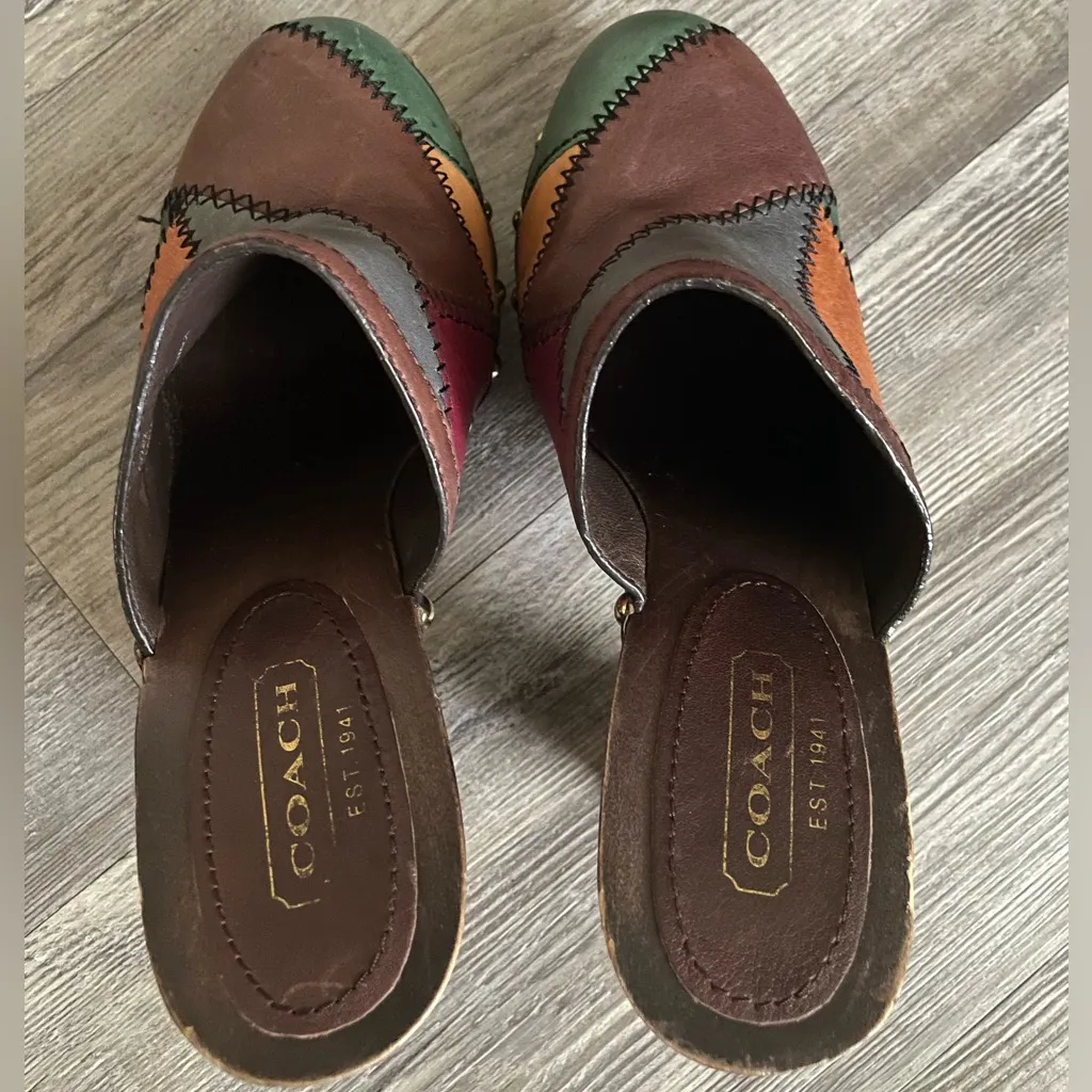 Coach  Brown and Green Leather Mules with Patchwork Design - Image 2
