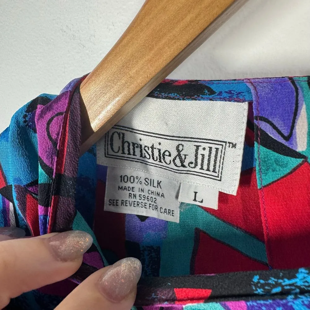 Christie & Jill Top Women L Silk Casual Round Neck Blouse Blue Purple Vintage Size L - Image 7