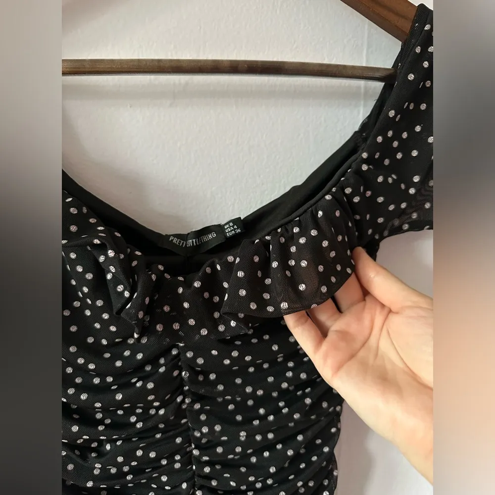 NWT Pretty Little Thing mini dress polka dots black white retro tulle mesh - Image 2