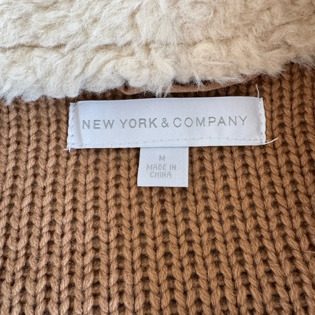 New York & Company Tan Ivory Faux Suede Sherpa Sweater Jacket Coat Size Medium - Image 5