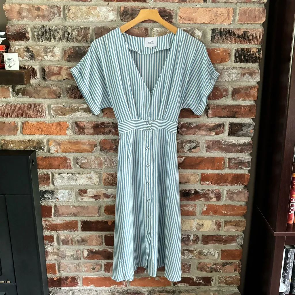 J.O.A Blue Cotton Pinstripe Midi Shirtdress, M - Image 2