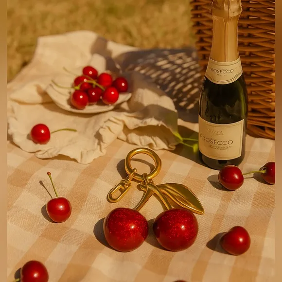 Cherry Red Glitter Bag Charm Gold Keychain Accessory for Purses, Totes Backpacks - Image 2