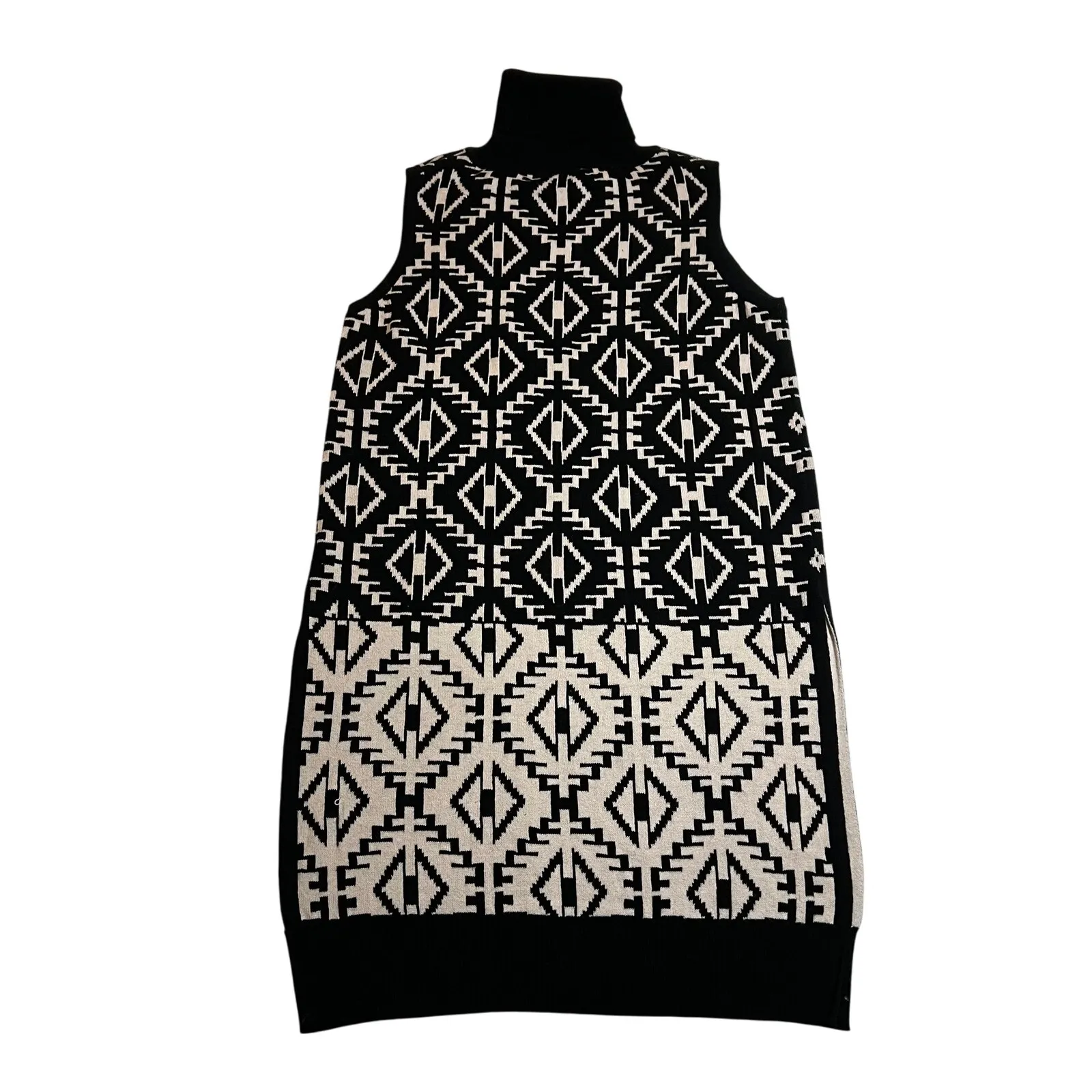 Women's Sleeveless Turtleneck Sweater Top Tunic Size Small Aztec Print Neutral Black - Image 2