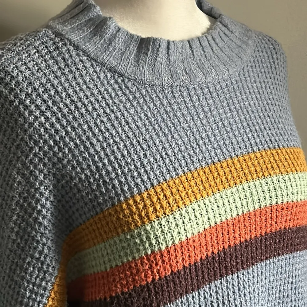 SO Women’s Oversized Fuzzy Waffle Knit Mock Neck Cozy Striped Sweater - Image 3