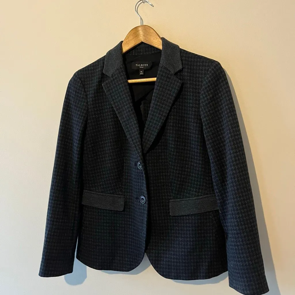 Talbots Houndstooth dark academia Blazer Jacket Blue Gray Wool Blend Elbow Patch - Image 4