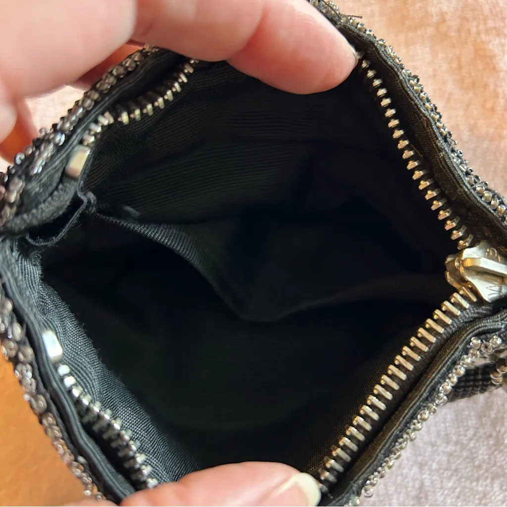 Vintage Art Deco beaded evening clutch coin purse floral sequins Black - Image 5