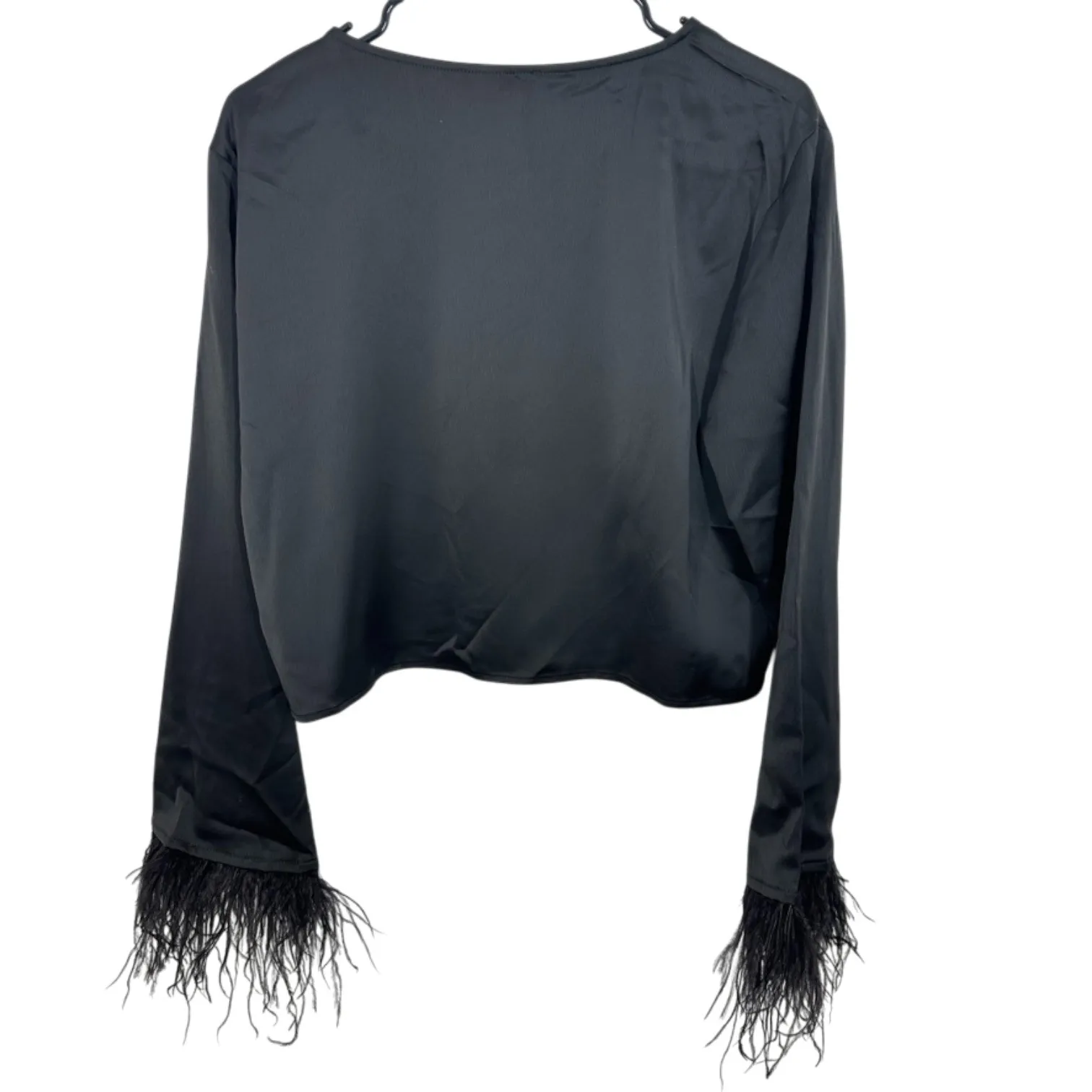 WAYF Black Satin Feather Trim Long Sleeve Crop Top Women's Size S NWT Shopbop - Image 11