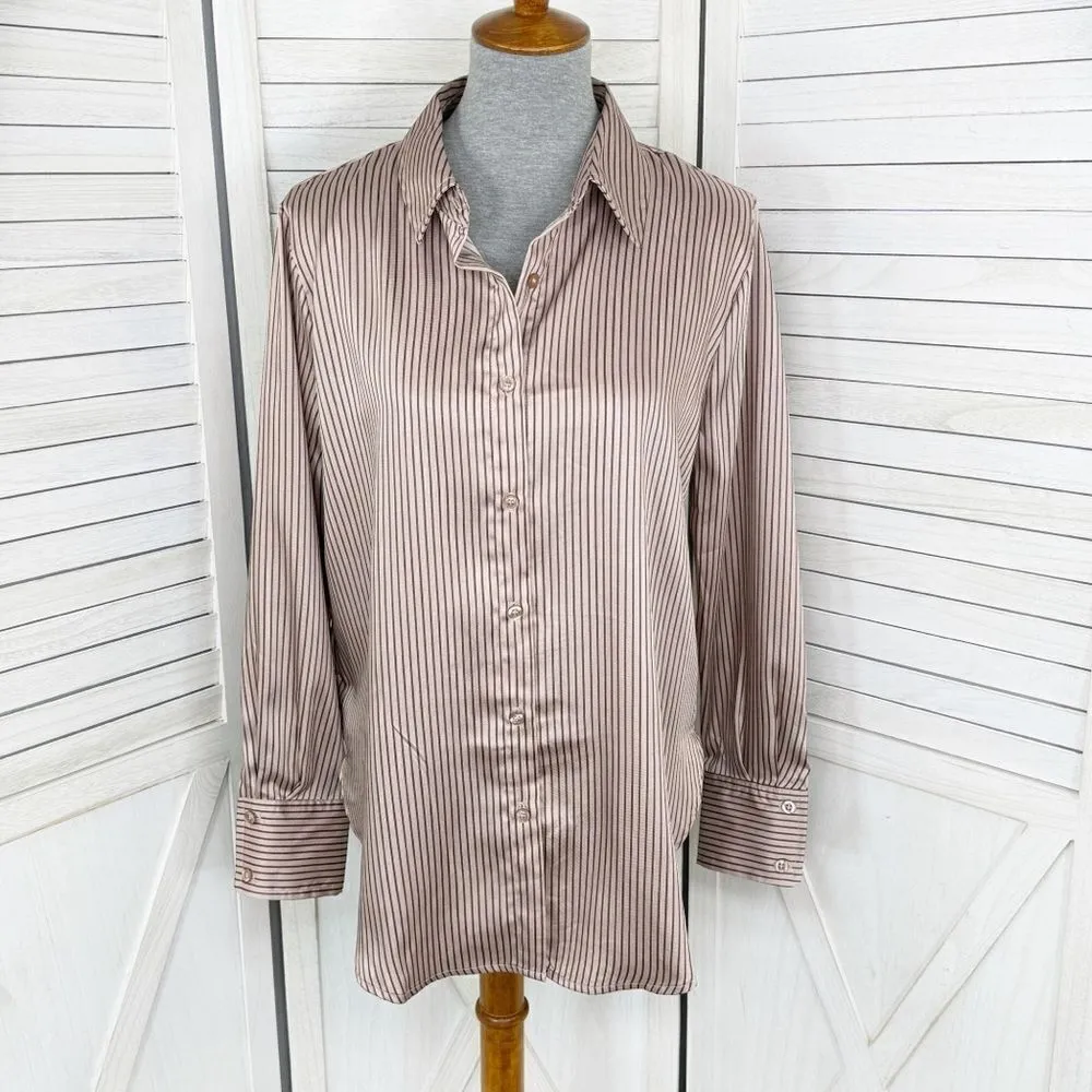 The Workshop Satin Pinstripe Oversized Button Up Shirt Mocha Medium Boyfriend Tan - Image 2