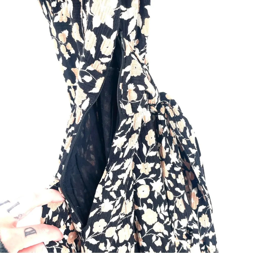 BANJANAN Anthropologie Boho Brown Black Floral Tie Waist MIDI Flowy Dress Size M - Image 8