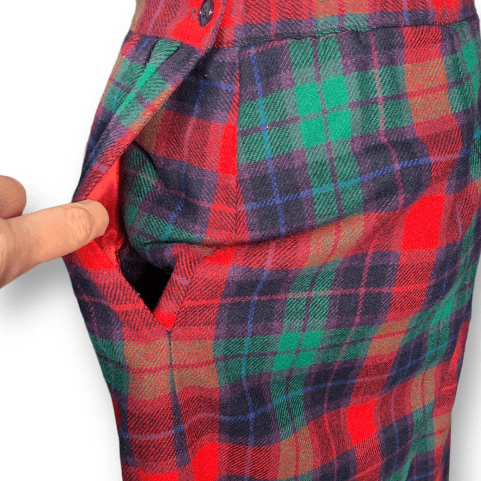 Vintage Tartan Plaid Wool Skirt Burgundy Purple Green Midi Colorful Festive Red Size 6 - Image 5