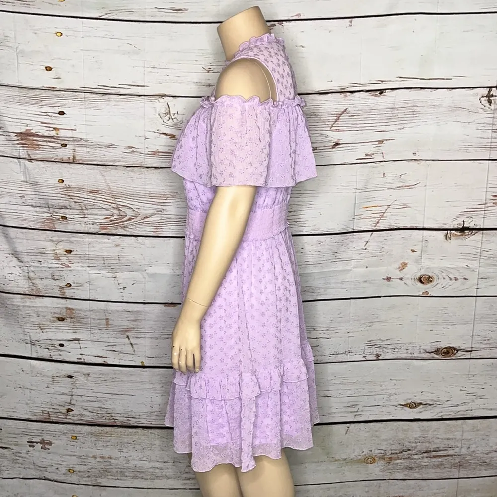 Lane Bryant Size 16 Purple Floral Embroidered Ruffle Trim Cold Shoulder Dress - Image 2