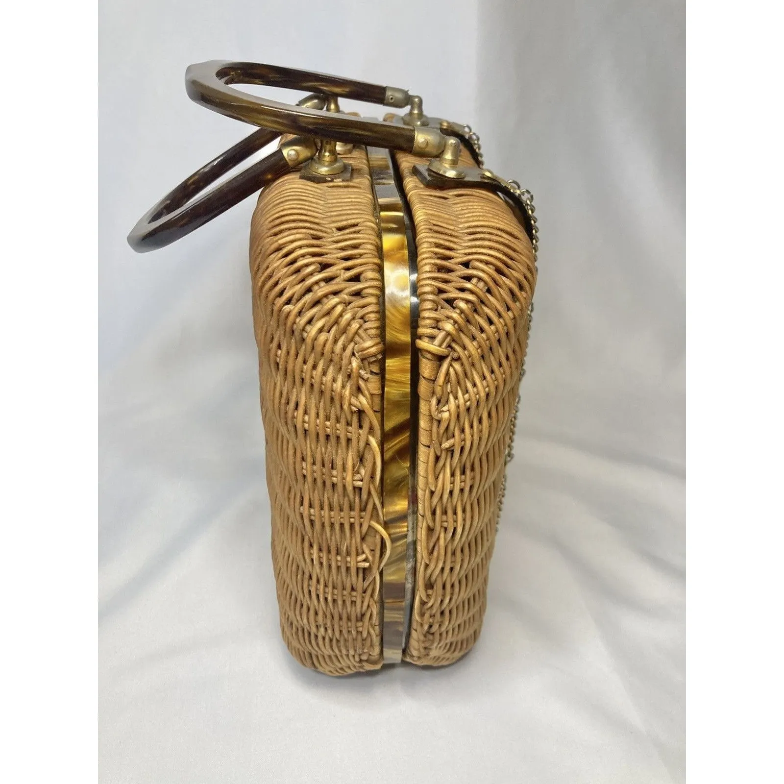 Vintage Wicker Woven Purse Handbag Lucite Bakelite Stylecraft 50’s 60’s Cottage Brown - Image 4