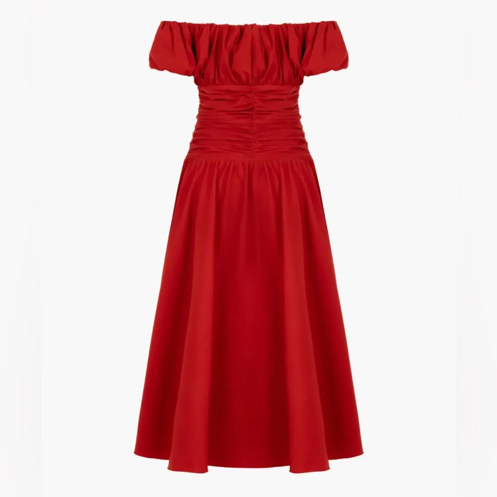 New! Nocturne Drape Off the Shoulder Midi‎ Dress in Red Sz Large $299 - Image 5