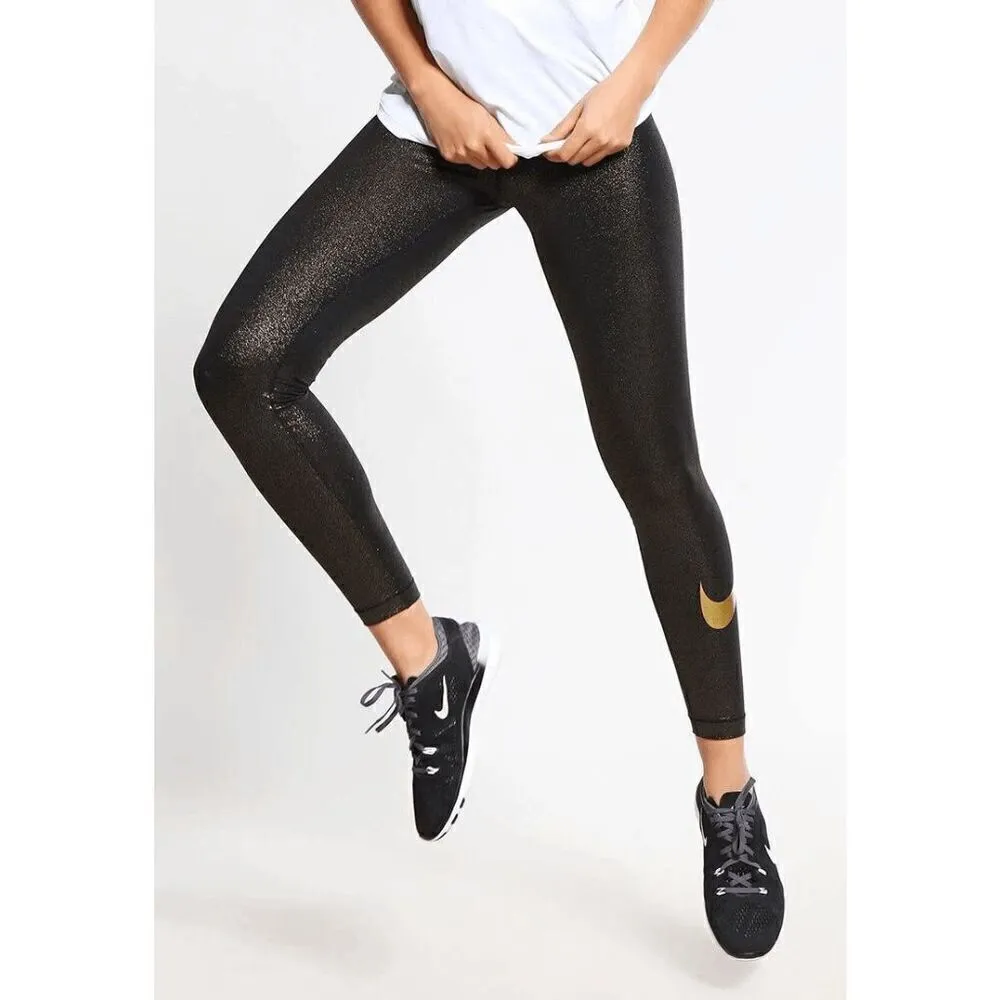Nike Dri Fit Pro Cool Gold Black Sparkle Training Tights Leggings Small - Image 9