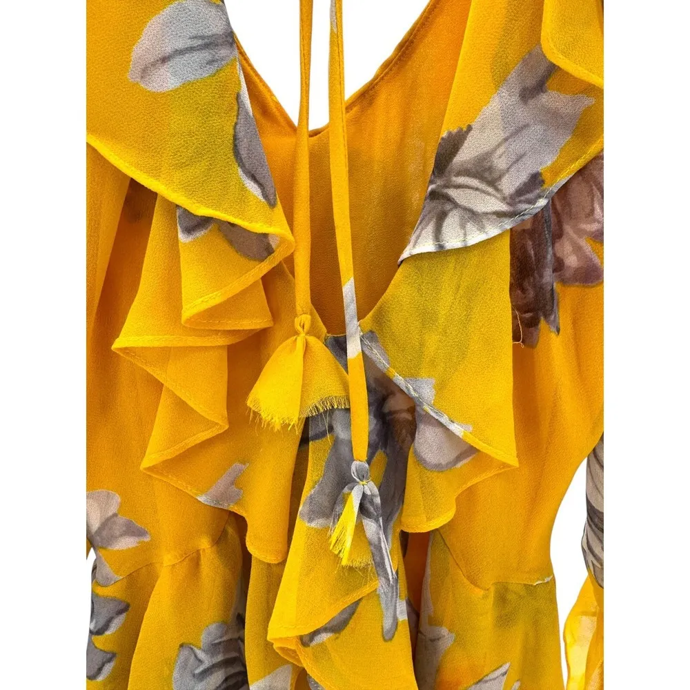 Misa Los Angeles Womens Evele Yellow Floral Printed Ruffle Mini Dress Romantic M - Image 9
