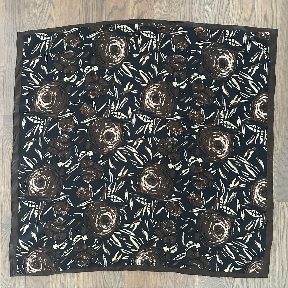 Lisa Corti Floral Abstract Printed 100% Silk Scarf Brown, Black, Cream 32.5"x34" Black - Image 7