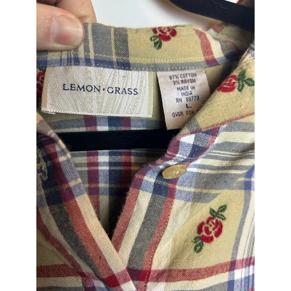 Vintage Lemon Grass Cottage Button Up Checkered Plaid Rose Print Size Large - Image 3