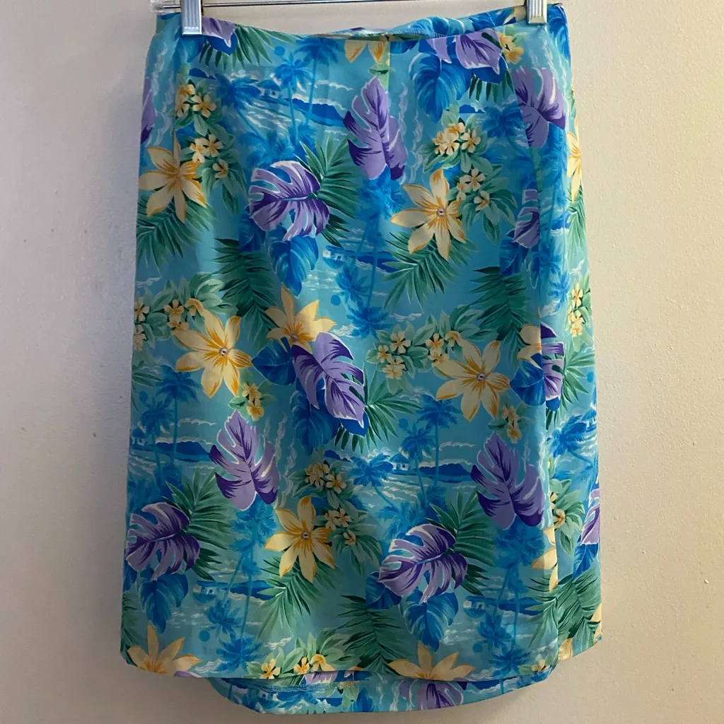 Dressbarn Vintage Womens Blue Tropical Print Mini Wrap Skirt Skize 8 Waist 26” - Image 6