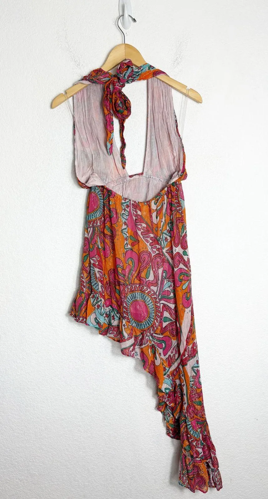 Sundress Amina Dress Size Large Fuchsia orange Print Halter Neck Asymmetric Hem - Image 14