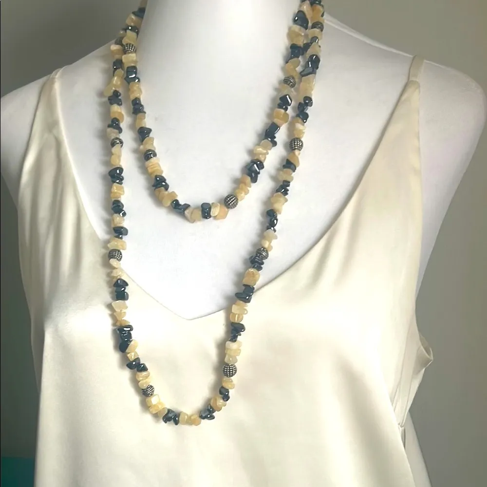 53” Hematite Citrine Chipped Gemstone and Silver Tone Tibetan Beaded Necklace Black - Image 6