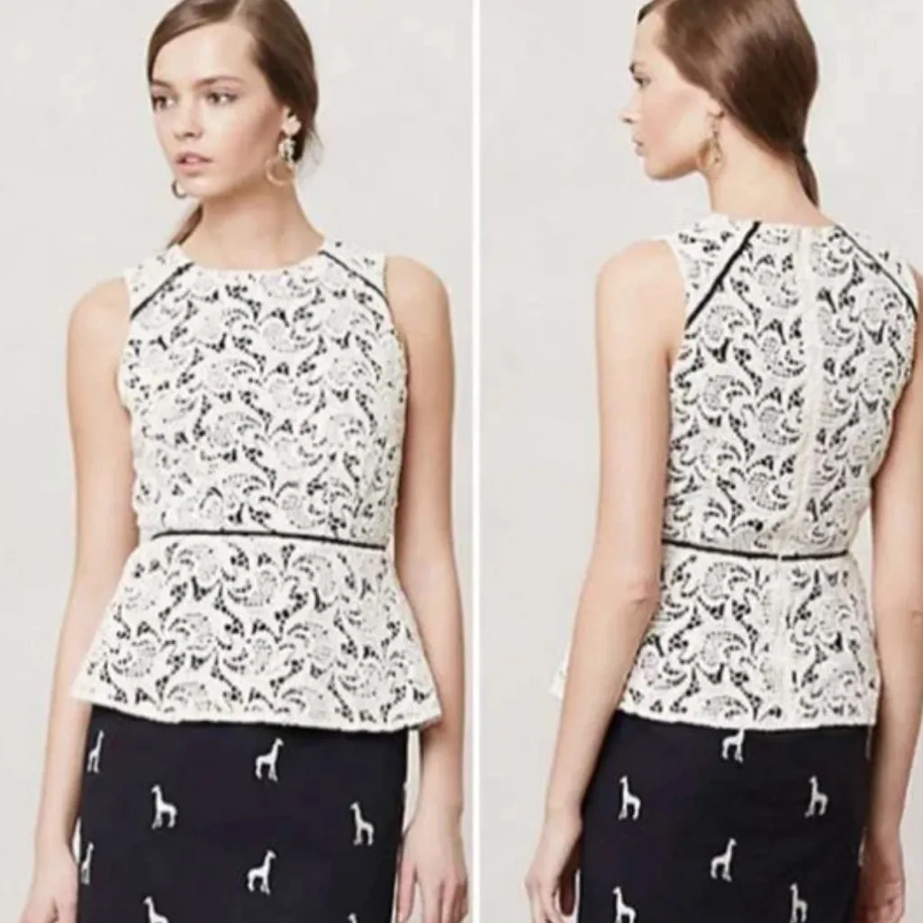 Anthropology Maeve Women White/Beige Knit Crochet Sleeveless Peplum‎ Top Size 0. - Image 2