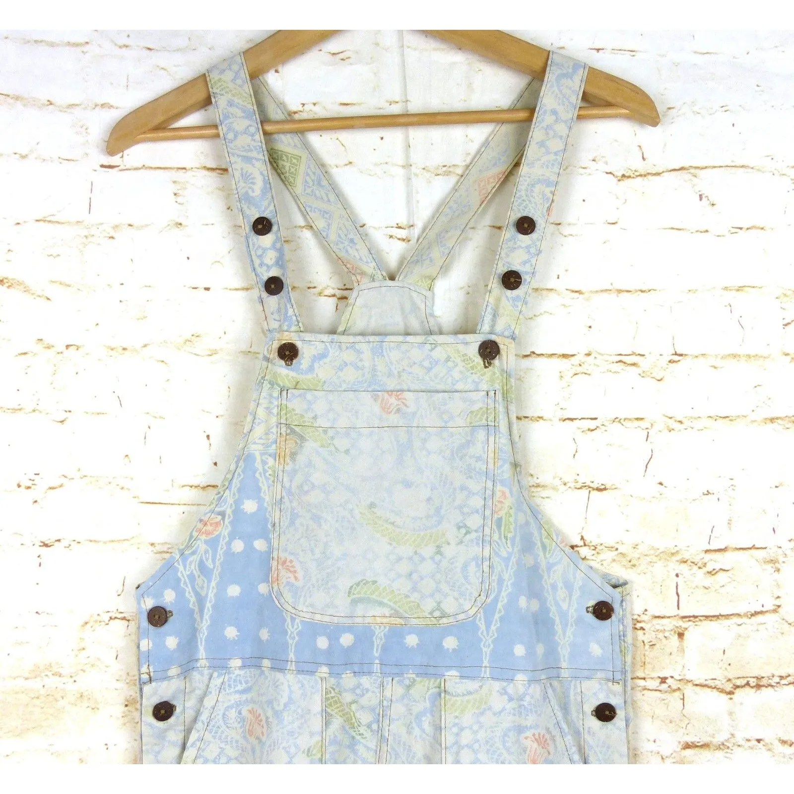 Boho Printed Shortall Women XS Ivory Blue Floral Paisley Bali Batik Home Cottage - Image 4