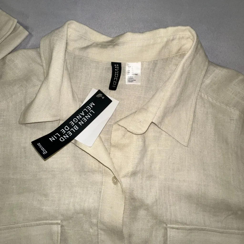 Divided H&M - Linen Blend Women's Button Shirt Long Sleeve Cream Size XL - Image 3