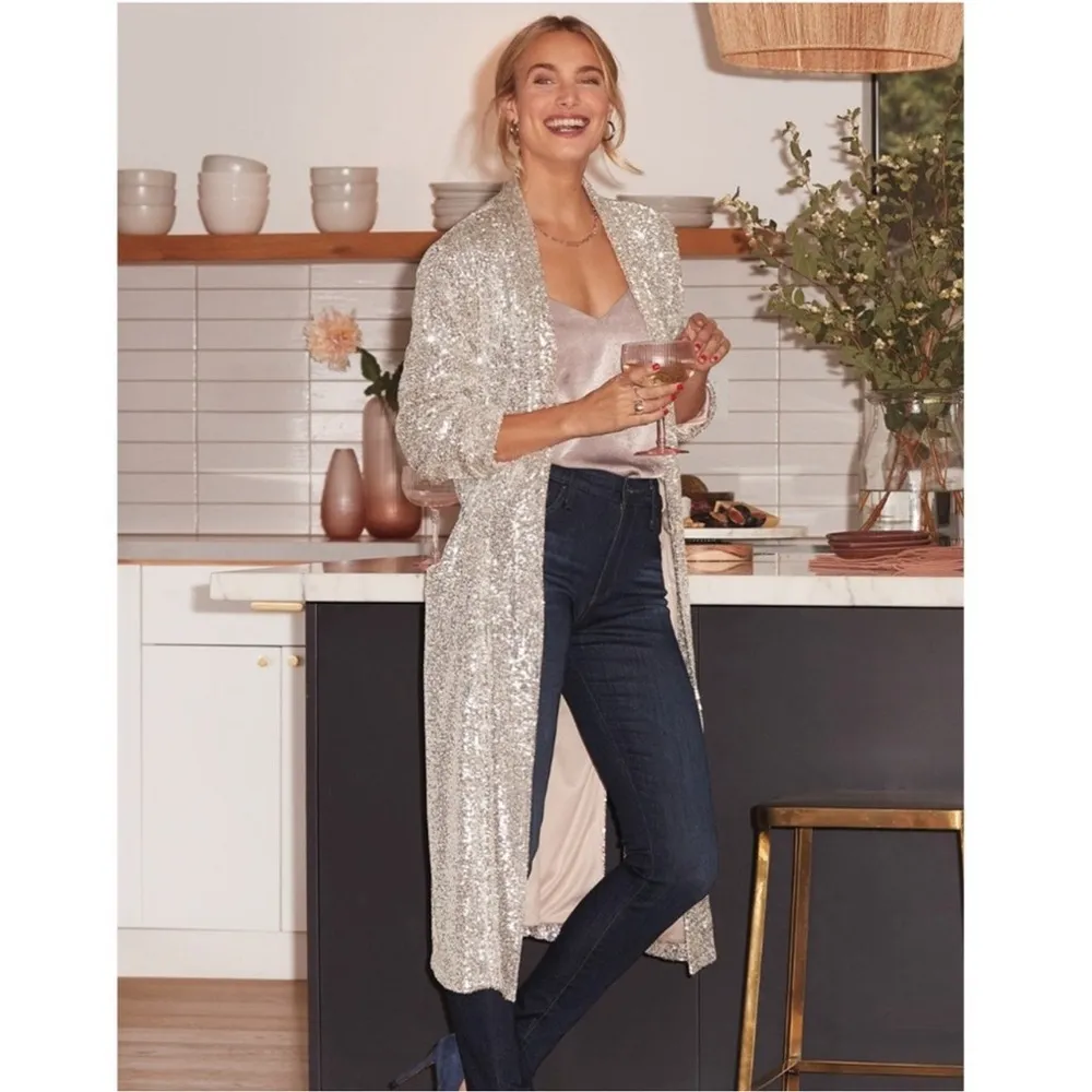 nwt BB DAKOTA dulcinea showstopper sequin duster jacket silver XS Anthropologie - Image 4