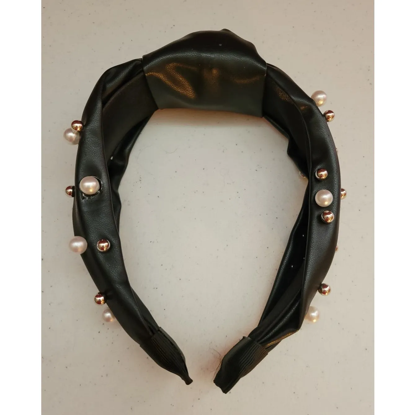 Faux Vegan Leather Knot Headband w/ Pearl‎ & Silver Tone Bead Accents Black - Image 4