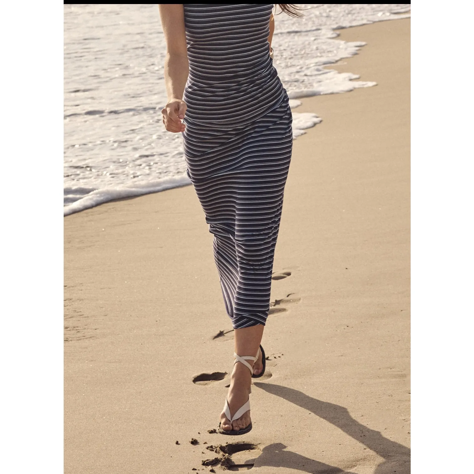 Brand New OGL Low Rise Folded Waist Striped Midi Skirt Navy Blue Stripe XS - Image 2