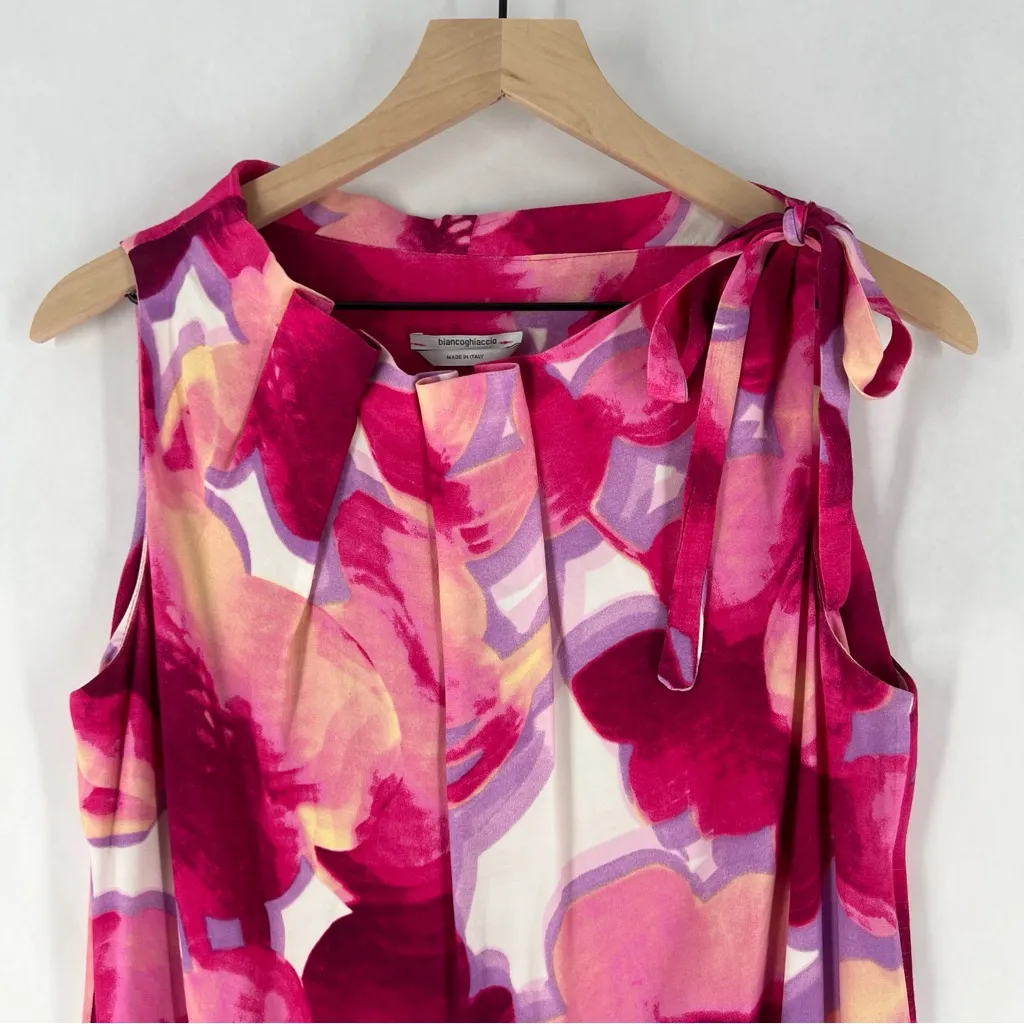 Biancoghiaccio Floral Print Lightweight Flowy Pleated‎ Tie Boatneck Shift Dress Pink Size M - Image 2