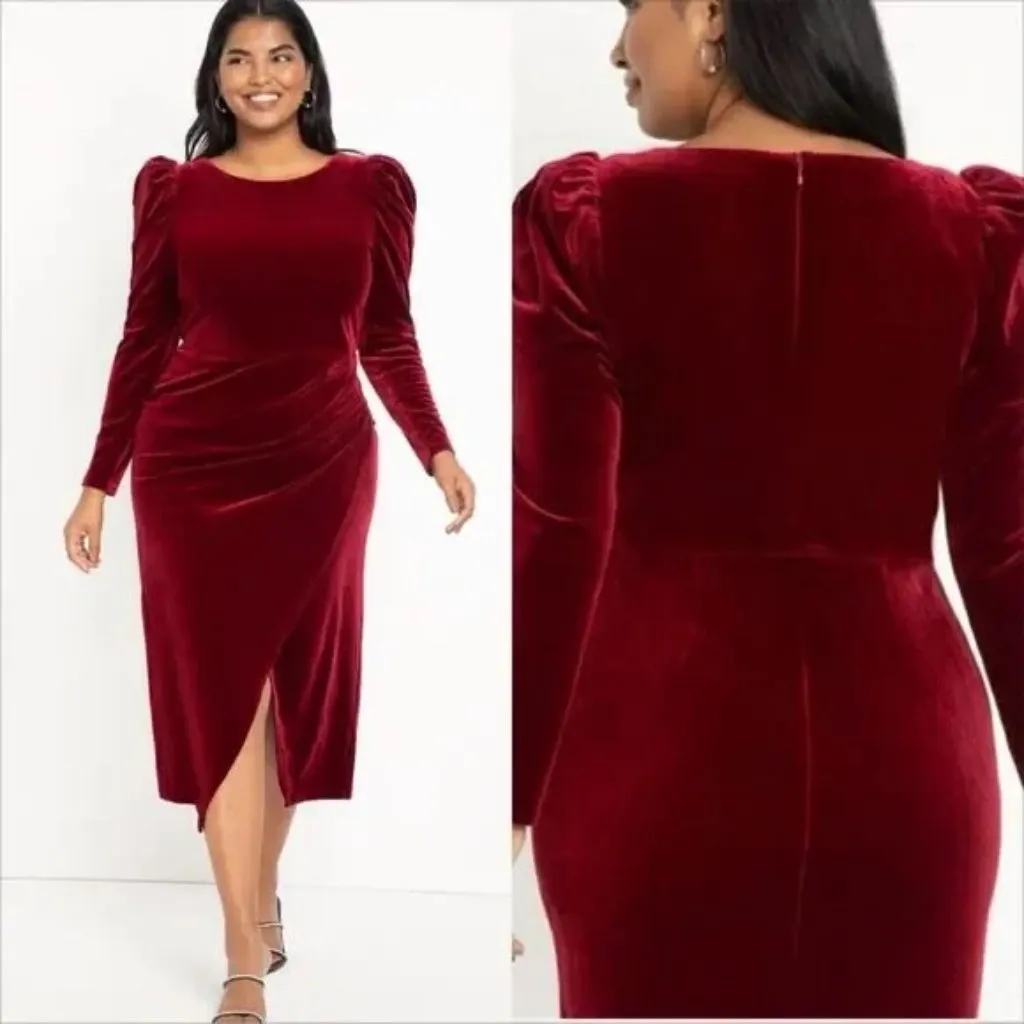 Eloquii Velvet Puff Sleeve Wrap Midi Dress Size 20 Holiday Special Occasion Wine - Image 2