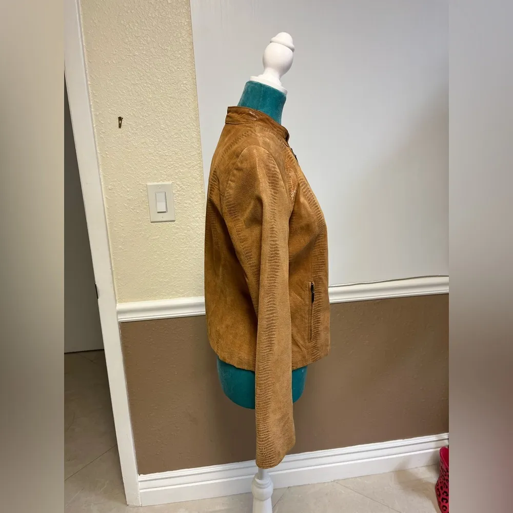 Valerie Stevens Genuine Leather Moto Jacket – Cognac Brown Snake Print – Size S - Image 6