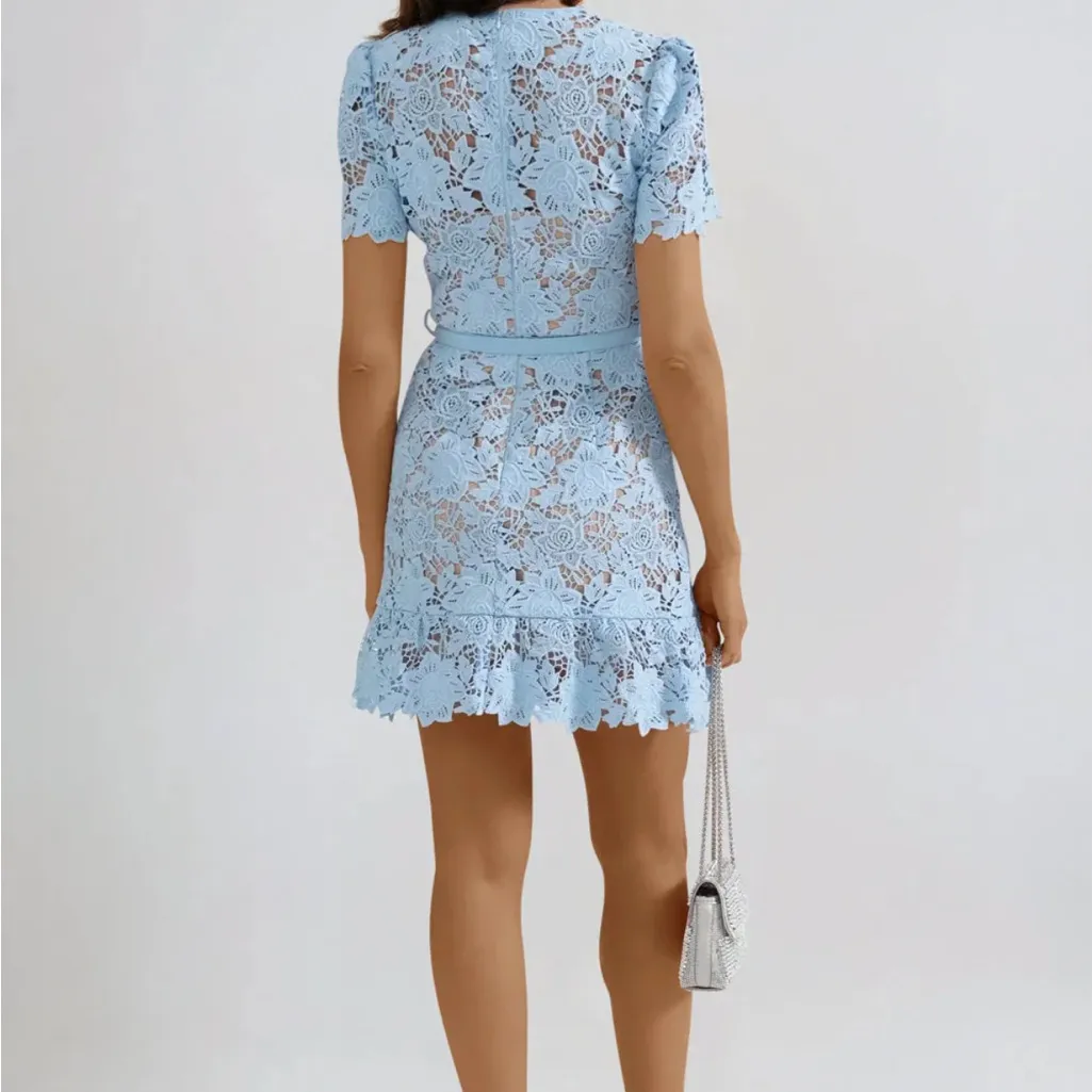 Elegant Blue Lace Dress — Missime Lace Mini Dress with Pocket Details - Image 2